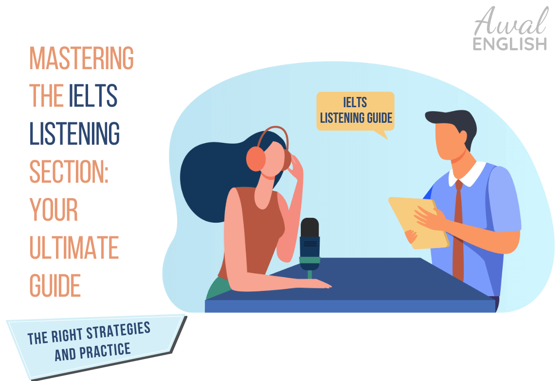 Girl listening boy holding book of IELTS Listening Guide
